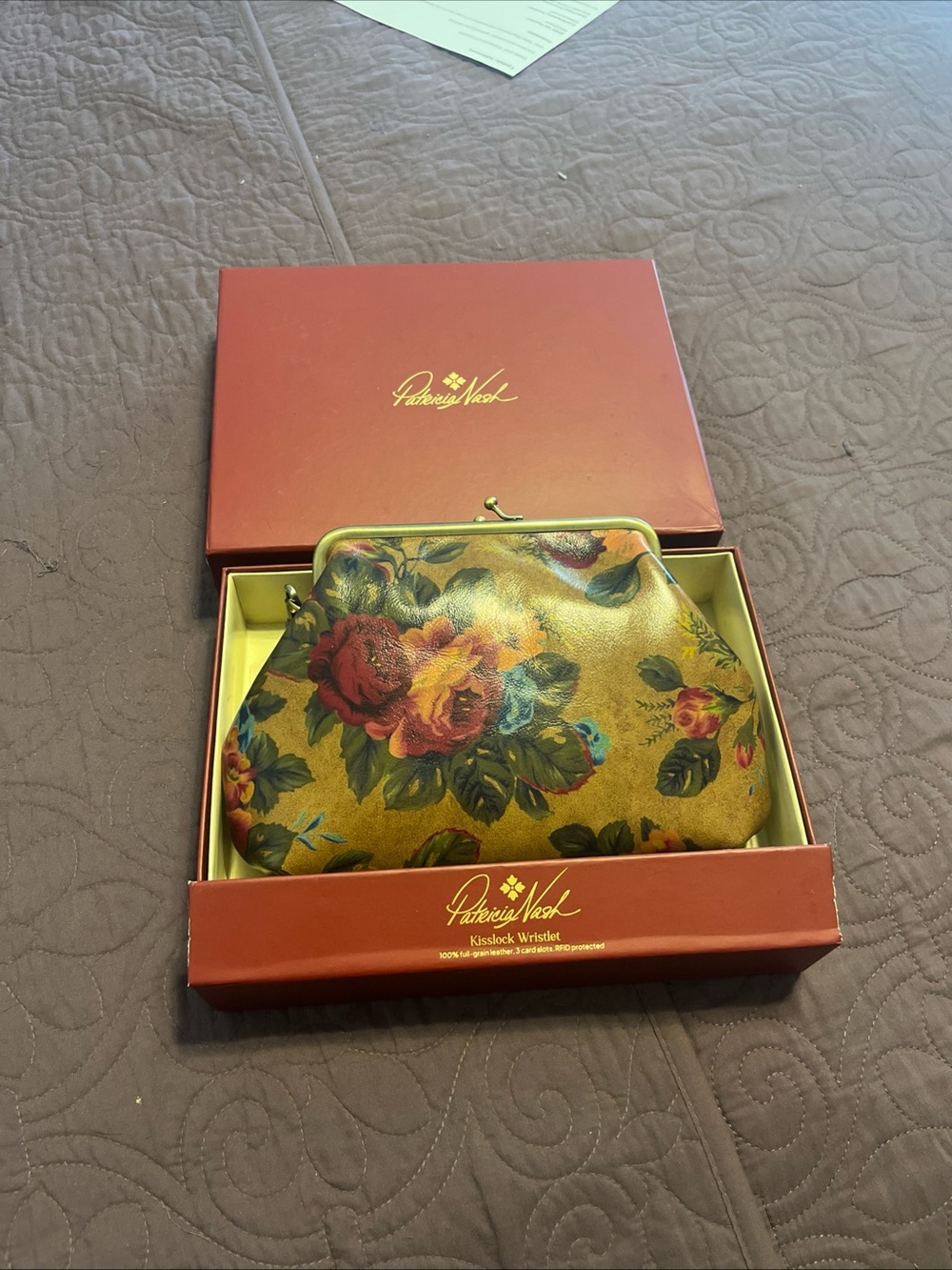 Patricia Nash Mustard Floral Kisslock Wristlet